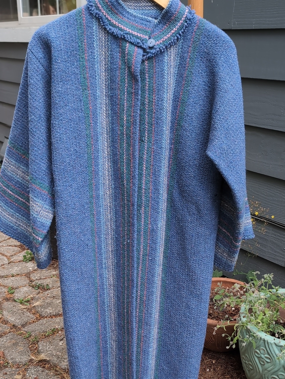 Vintage Woven Wool Blue Striped Knit Cape Coat Air Holes